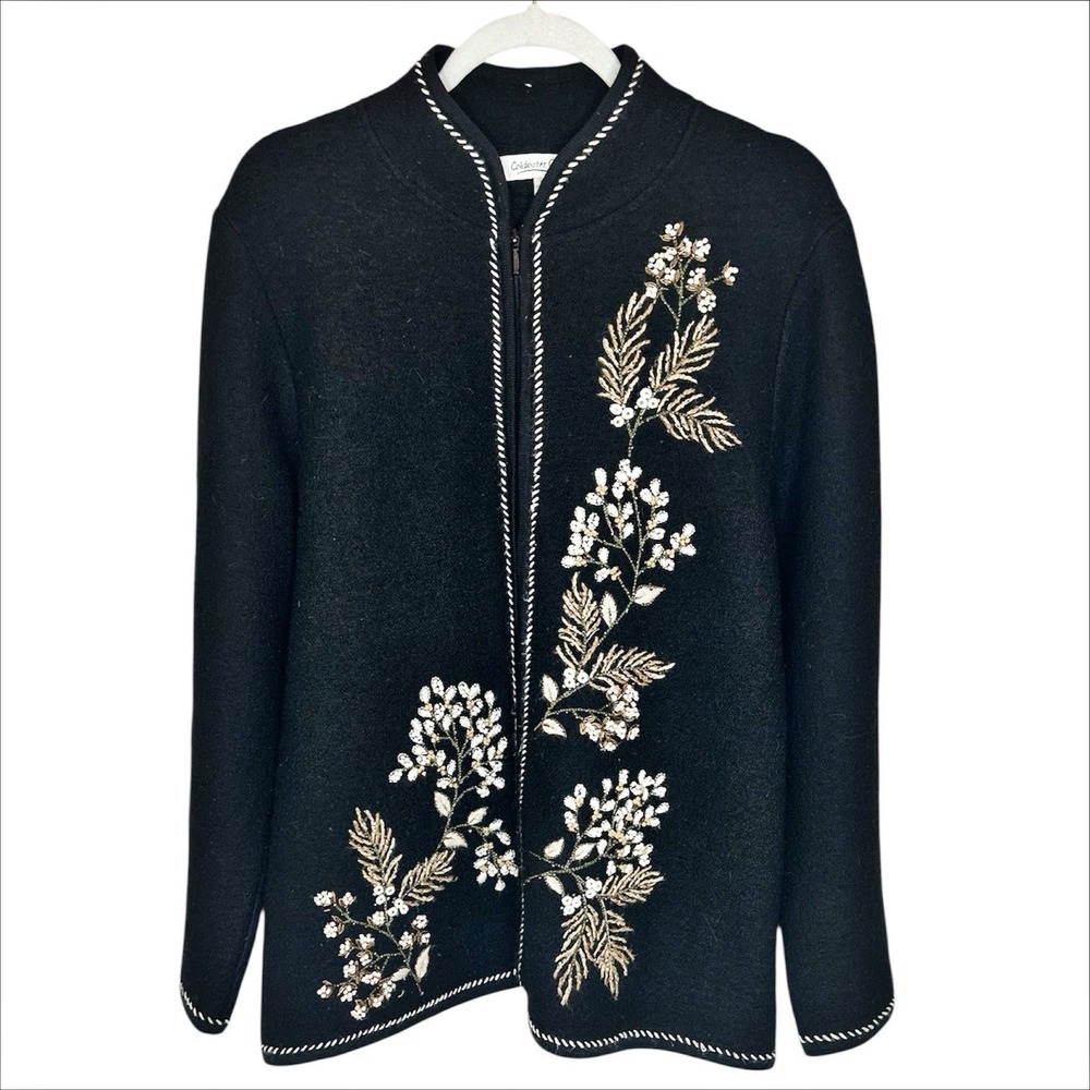 Coldwater Creek Boiled Wool Jacket XL Black Embroidered Beaded Floral Zip‎ Up